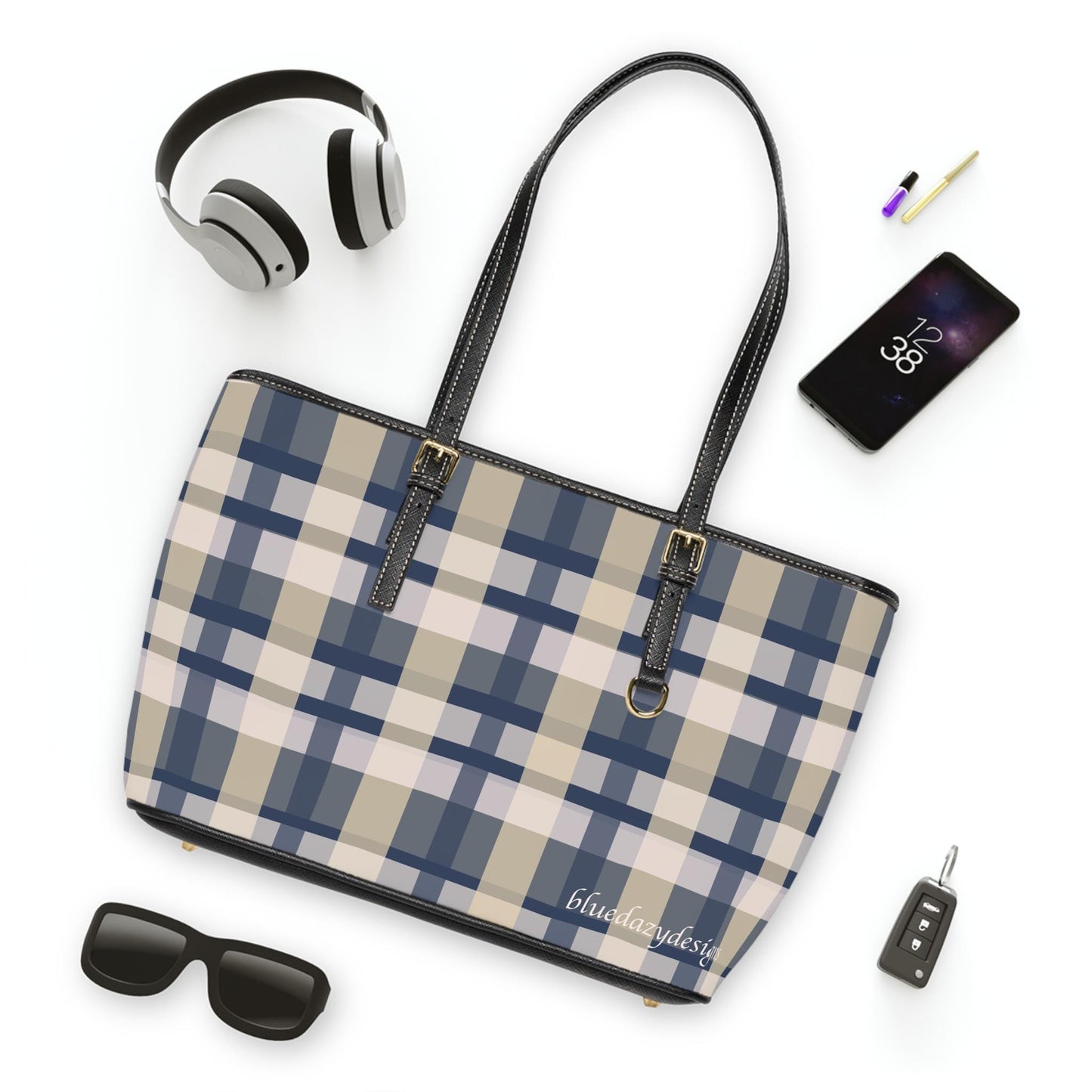 Plaid Shoulder Bag, Blue, White and Tan Plaid Design, Crossbody Purse, Tartan Handbag, Checkered Tote Bag, Fashion Statement Accessory