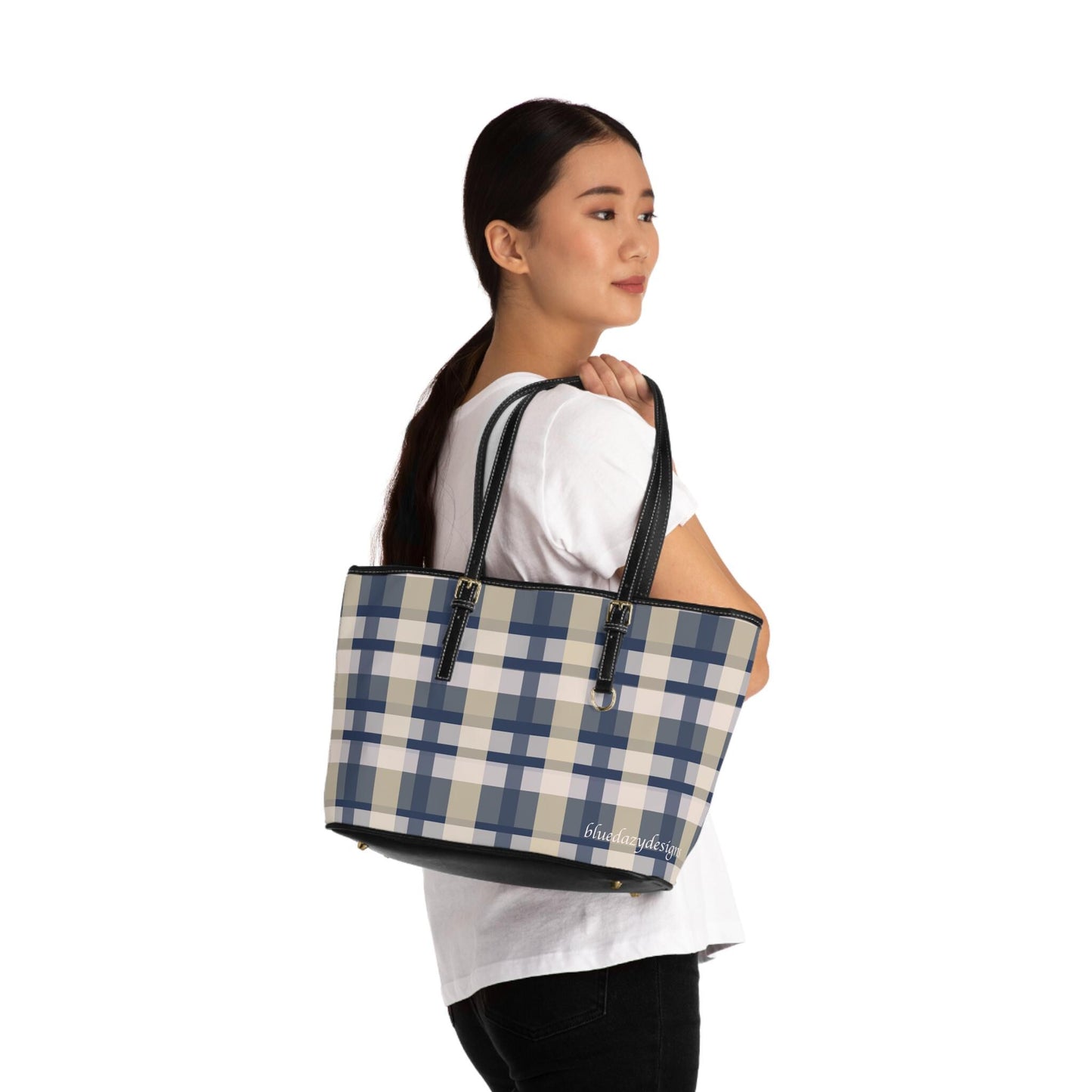 Plaid Shoulder Bag, Blue, White and Tan Plaid Design, Crossbody Purse, Tartan Handbag, Checkered Tote Bag, Fashion Statement Accessory
