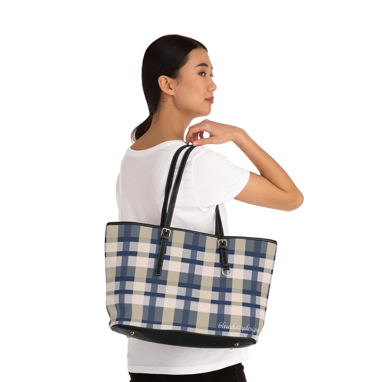 Plaid Shoulder Bag, Blue, White and Tan Plaid Design, Crossbody Purse, Tartan Handbag, Checkered Tote Bag, Fashion Statement Accessory